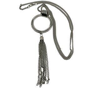 Long Concentric Circle Tassel Pendant Necklace Dangle Silver Tone Link Chain 25"